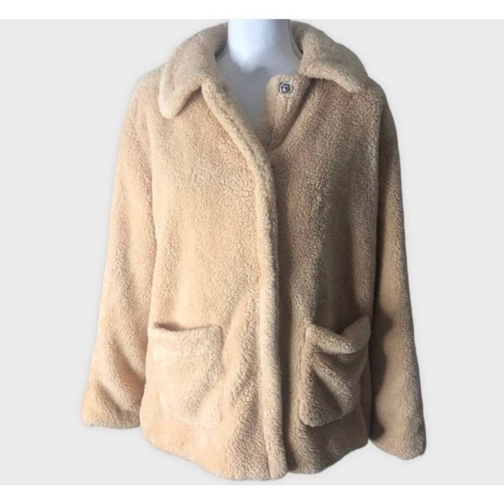 Very J Snap Closure Tan Faux Fur Plush Long Sleeve Teddy Coat